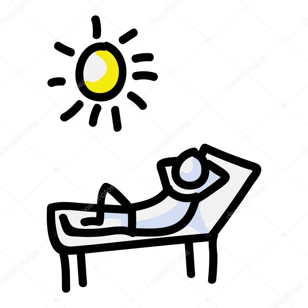 Sunbathing Vector Stick Figure Person Tanning In Sun. Hand Drawn Isolated Human Doodle Icon Motif Element in Flat Color. For Vacation, Resort, Sunlight or Summer Concept. Pictogram EPS 10