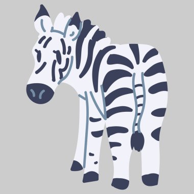 Clip Art 'ın arkasından Sevimli Vektör Çizgisiz Zebra. Safari Hayvan Simgesi. El Çizimi Kawaii Çocuk Motif Çizimi Düz Renkli Karalama. İzole edilmiş Bebek, Bakım ve Çocukluk Karakteri. 