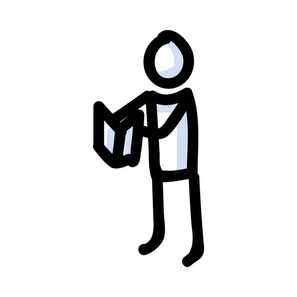 Leggere Stick Figura Persona Piedi Con Libro Elemento Motivo Icona — Vettoriale Stock