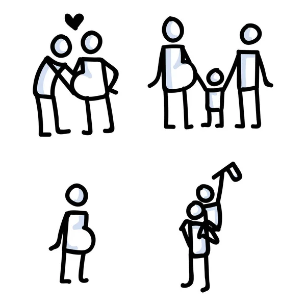 Familyn Stick Figures Vector Illustration 손으로 고립된 임산부 아이콘 모티프 — 스톡 벡터