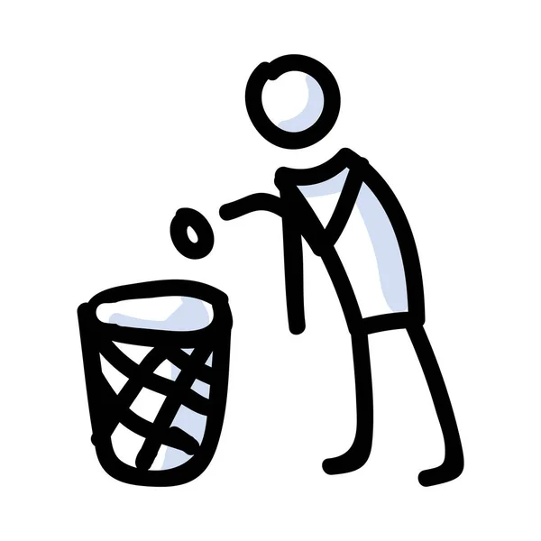 Handgezeichneter Strichmännchen Mit Mülleimer Konzept Des Müllsammelns Und Recyclings Einfaches — Stockvektor