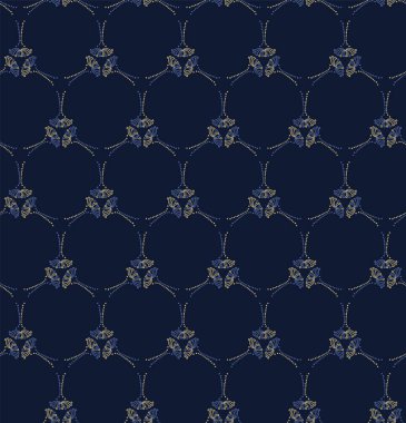 Zarif damaske motifsiz Indigo mavi çiçekli kumaş deseni. Parmak izinin her tarafına vektör barok el çizilmiş