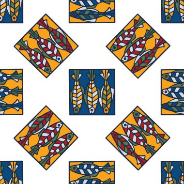 Sardalya Kiremit Kusursuz Vektör Kalıbı. Lizbon St. Anthony Portekiz Yemek Festivali için ızgara Deniz Ürünleri Motifi. Geleneksel Izgara Tarif Grafiği. Portekiz Konserve Deniz Ürünleri Paketi. Vektör Eps10