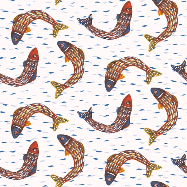 Sardinky Shoal Fish Seamless Vector Pattern Malované Plavání Moře Motiv — Stockový vektor