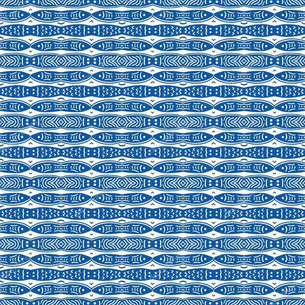 Blue Sardines Fish Stripe Seamless Vector Pattern. Swimming Sea Animal for Lisbon St Anthony Portugese Food Festival. Graphic for Traditional Recipe Branding, Canned Seafood Packaging. Vector EPS10