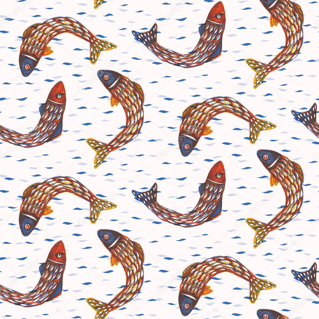 Sardines Shoal of Fish Seamless Vector Pattern. Painted Swimming Sea Motif for Lisbon St Anthony Portugese Food Festival. Graphic for Traditional Recipe Party, Canned Seafood Packaging. Vector EPS10