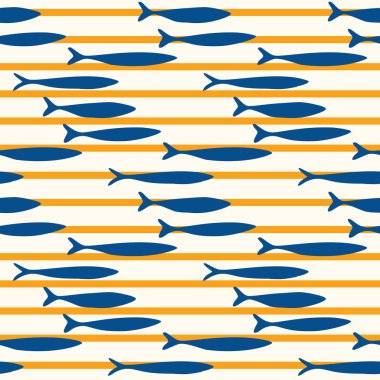 Balık çizgili sardalya, kusursuz vektör deseni. Lizbon St. Anthony Portekiz Yemek Festivali için Yüzen Deniz Hayvanı. Geleneksel Tarif Markalaşması, Konserve Deniz Ürünleri Paketi. Vektör Eps10
