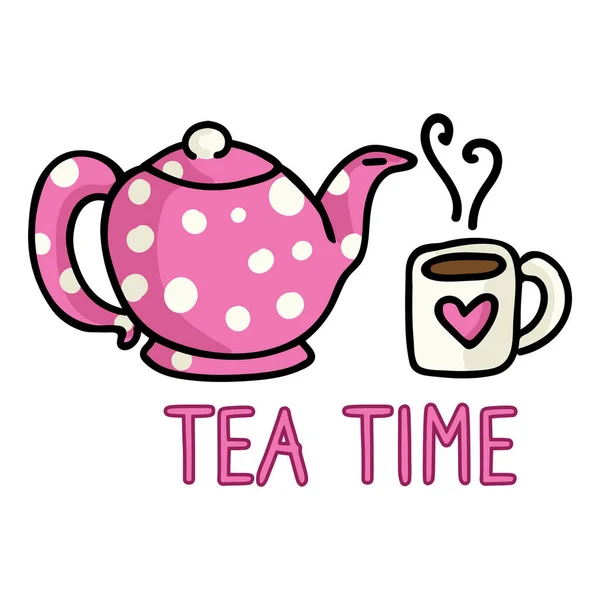 Cute Tea Time Cartoon Wektor Ilustracji Ręcznie Rysowane Hot Drink — Wektor stockowy