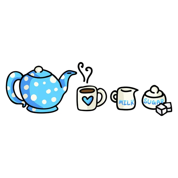 Söt Tea Time Tecknad Vektor Illustration Handritad Hot Drink Element — Stock vektor