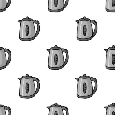 Şirin Elektrikli Kettle Çizgi Filmi Kusursuz Vektör Deseni. El yapımı elektrikli teçhizat seramik mutfak fayansı. Sıcak içecek bloğu, mutfak eşyası grafiği, ev dekorasyonu için her yerde yazdır. 