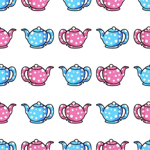 Cute Чайник Мультфильм Бесшовный Векторный Шаблон Розовый Ручной Рисунок Голубая — стоковый вектор
