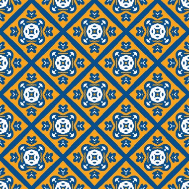 Portekiz Vektör Tile Azulejo Deseni. Beyaz Mozaik Meydanı 'nda lekesiz Lizbon Mavisi Sarı. Geleneksel Çiçek Seramik Akdeniz Tarzı Tasarımı. Tekrarlanan Eps10 ile Yazdırmanın Her yerinde Geometrik