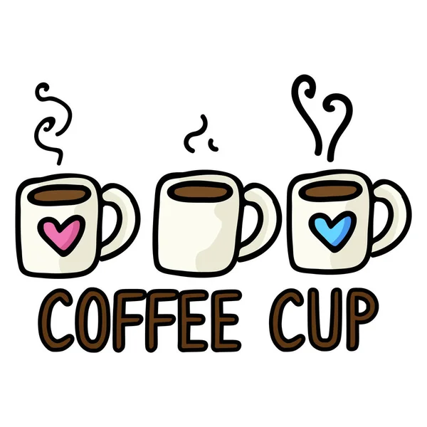 Niedlichen Drei Kaffeebecher Cartoon Vektor Illustration Handgezeichnete Heißgetränk Clip Art — Stockvektor