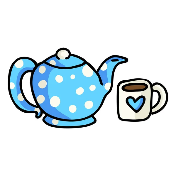 Χαριτωμένο Τσάι Κατσαρόλα Cartoon Vector Εικονογράφηση Hand Drawn Hot Drink — Διανυσματικό Αρχείο