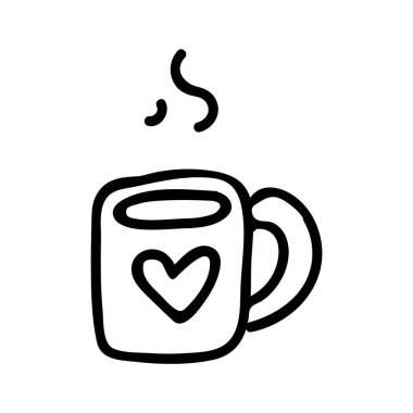 Şirin Çay Fincanı Çizgi Filmi Vektör İllüstrasyonu. Mutfak Konsepti için El Çekimi Sıcak İçecek Element Kek Sanatı. Kahvaltı Grafiği, Monokrom İçeceği ve Çömlek Web Düğmesi Motifi. 