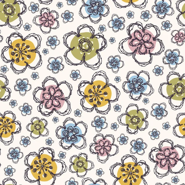 Modern Doodle Daisy Seamless Pattern Inggris Hand Drawn Scribble Flower - Stok Vektor