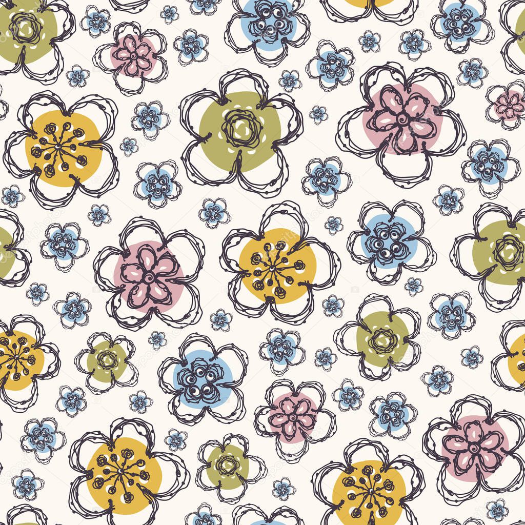 Modern Doodle Daisy Seamless Pattern. Hand Drawn Scribble Flower Repeat . Dot Blossom Background. Organic VintageLine Art. For Summer Textile, Packaging All over print. Cute Wallpaper Vector EPS10