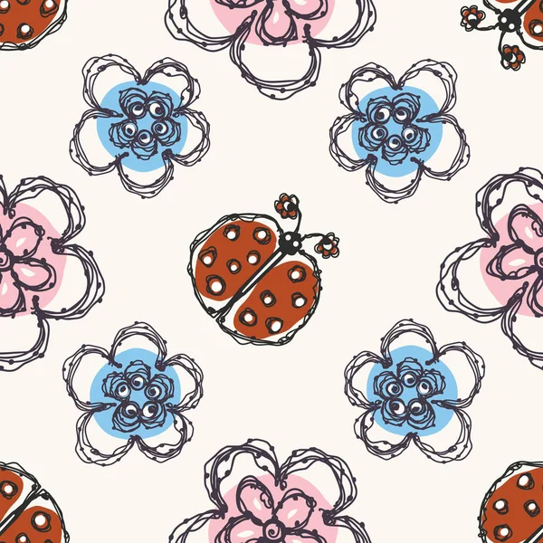 Motivo Moderno Doodle Daisy Ladybug Seamless Ripetere Scribble Flower Disegnato — Vettoriale Stock