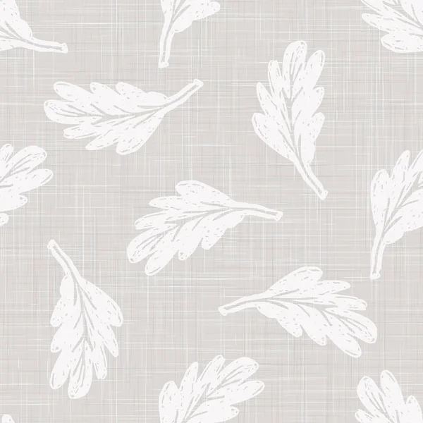 Gray French Linen Texture Background printed with White Falling Leaves. Natural Unbleached Ecru Flax Fibre Seamless Pattern. Organic Close Up Weave Fabric for Wallpaper, Cloth Packaging,
