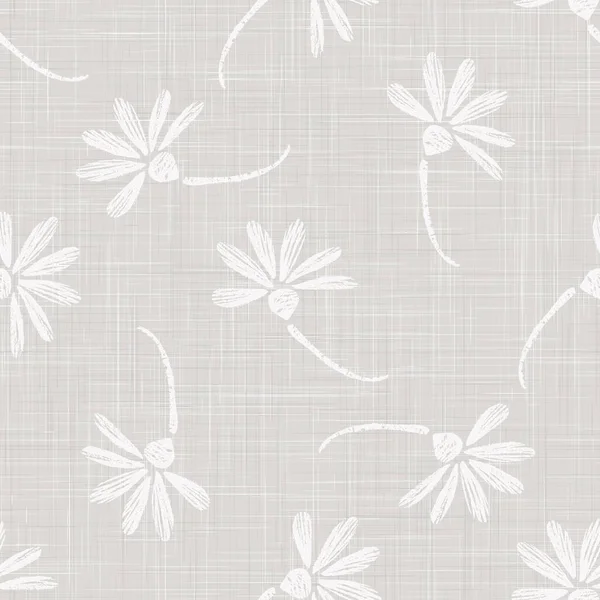 Gray French Linen Texture Background printed with White Daisy Flower. Natural Ecru Flax Fibre Seamless Pattern. Organic Yarn Close Up Weave Fabric for Wallpaper, Cloth. — Stock Photo, Image