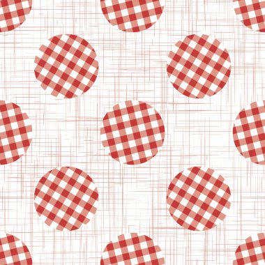 1950 'lerin Gingham Polka Noktası Kusursuz Vektör Tekrarlama Modeli. Klasik Kırmızı ve Beyaz Doku Arkaplanı. Retro Lolita Tekstil, Piknik Masası Kumaşı. Klasik Apron Allover Yazıcısı. Vektör Eps 10 