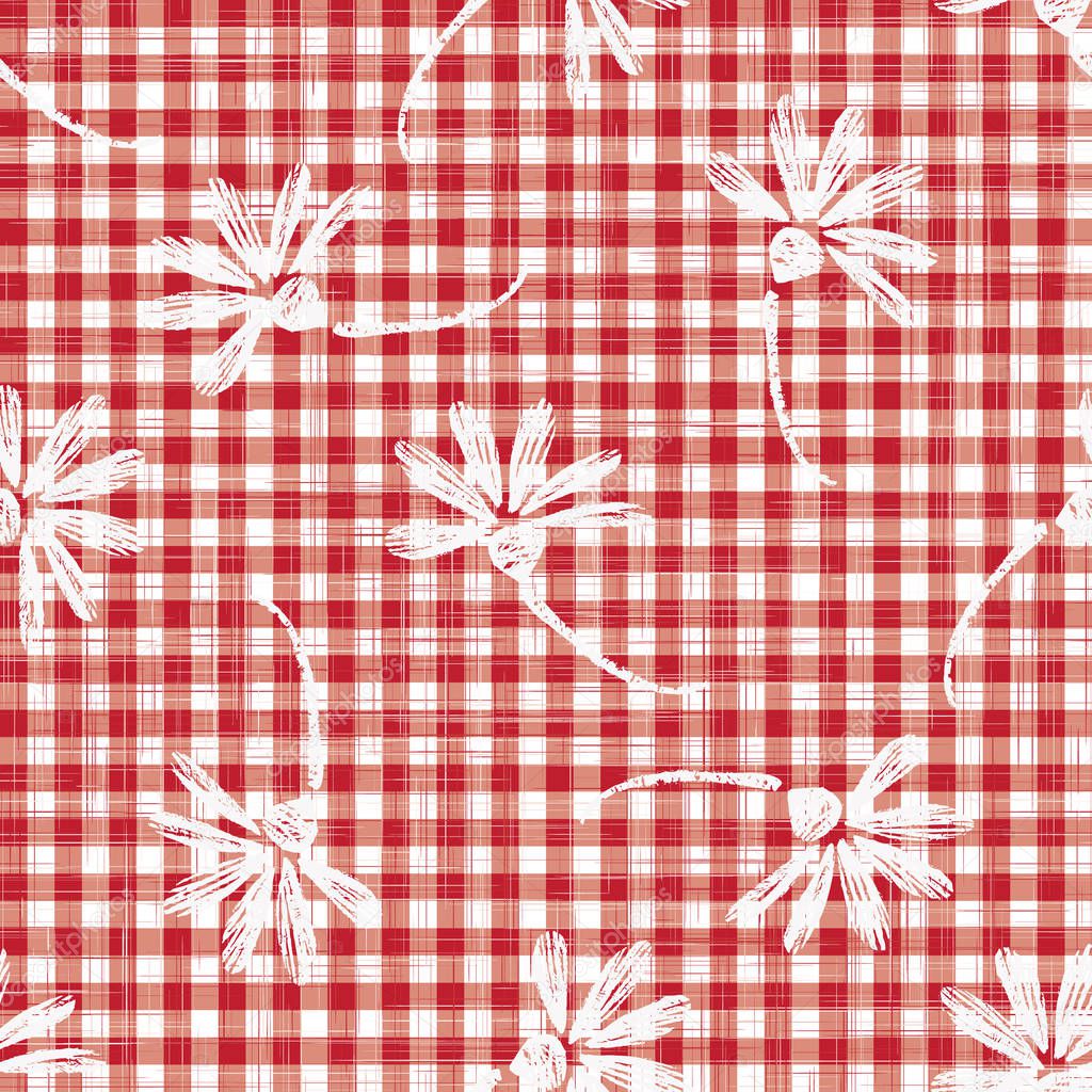 1950s Gingham Seamless Repeat Pattern Background. Red and White Printed with Daisy Motif. Classic Retro Fashion, Picnic Table Cloth Textile Fabric. Vintage Apron Style.