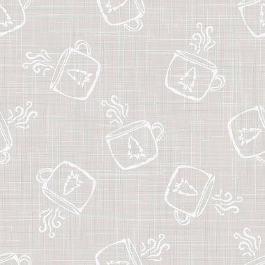 Gri Fransız keten dokusu arka planında Sıcak İçki Festivali kupası var. Doğal Beyazlatılmamış Ecru Fibre Noel Kusursuz Kalıbı. Kutlama Paketi İçin Organik Dokuma Kumaşı, Vektör Eps10