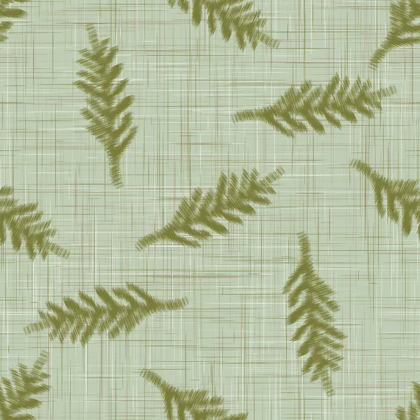 Green Linen Ikat Texture Background Dicetak Dengan Winter Fir Tree - Stok Vektor