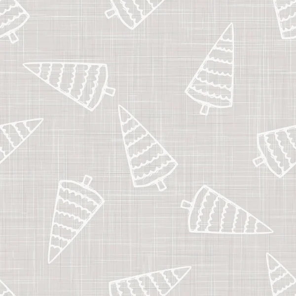 Gray French Linen Texture Background dicetak dengan White Winter Fir Tree. Natural Unbleached Ecru Fibre Christmas Seamless Pattern. Organik Close Up Weave Fabric for Festive Packaging, Vector EPS10 Stok Vektor Bebas Royalti