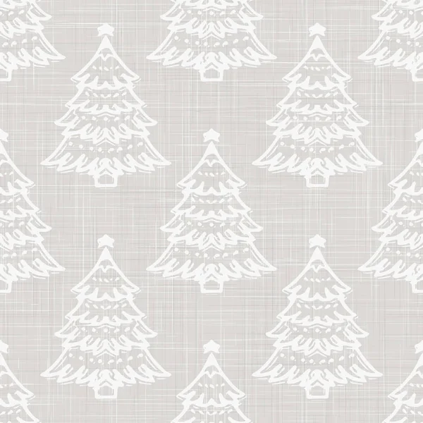 Šedé francouzské povlečení textury pozadí s potiskem bílé zimní jedle strom. Přírodní Nebělené Ecru vlákno Vánoční bezešvé vzor. Close Up tkanina pro slavnostní sněhové balení, vektorové Eps10 — Stockový vektor
