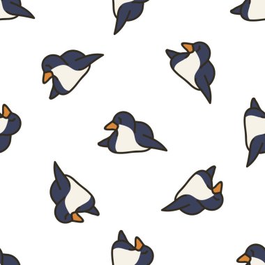 Tatlı Penguen Yalancı Çizgifilm Kusursuz Vektör Deseni. El yapımı Antarktika Hayvanat Bahçesi. Kuzey Kutbu Vahşi Yaşam Bloğu, Safari, Kuş, Soğuk Hayvan Grafiği İçin Her Yerde Yazdır. Sevimli Çocuk Resimleri Evi .