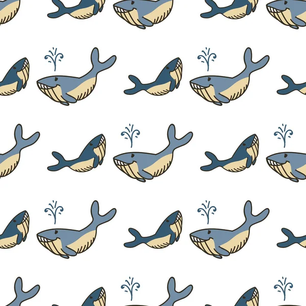 Mignon dessin animé baleine motif vectoriel sans couture. Carrelage animal sous-marin dessiné à la main. Impression intégrale pour Sealife Blog. Plongée, Zoo, Poisson, Blowhole Graphic. Adorable Enfants Illustration Décor de maison . — Image vectorielle