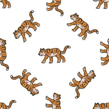 Şirin Yürüyen Kaplan Çizgi Filmi Kusursuz Vektör Deseni. El yapımı Widlife Big Cat Tile. Doğa Günlüğü, Kedi Grafiği, Etçil Ev Dekorasyonu İçin Her Yerde Yazdır. 