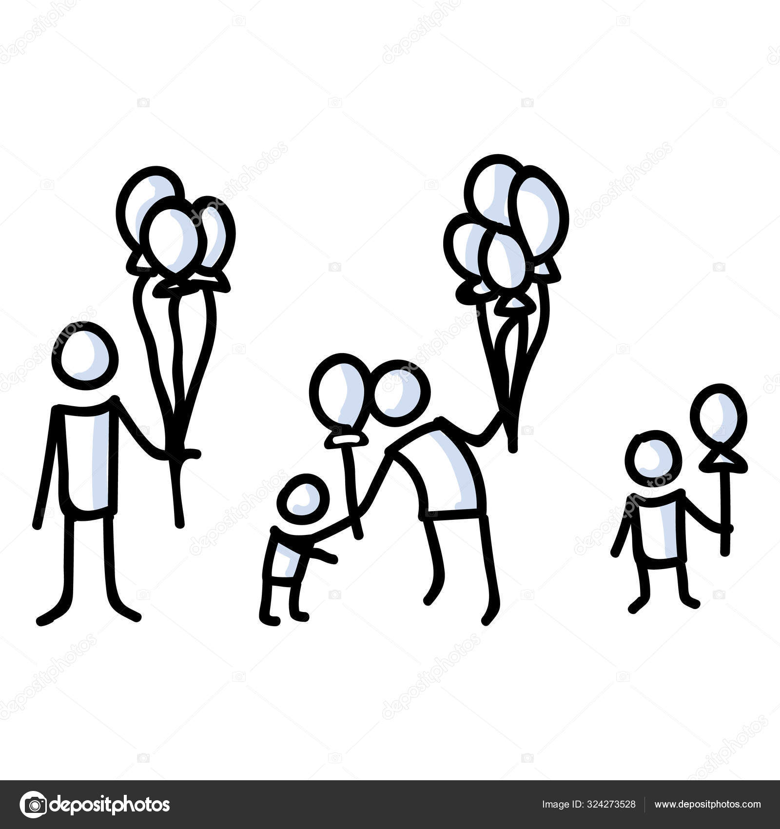 Figura de palo dibujado a mano Niño con globo. Decoración de la fiesta Dar.  Motivo de icono simple para pictograma de carnaval. Cumpleaños, Infancia,  Diversión Bujo Ilustración. Vector EPS 10 . Vector, image size:1600x1700