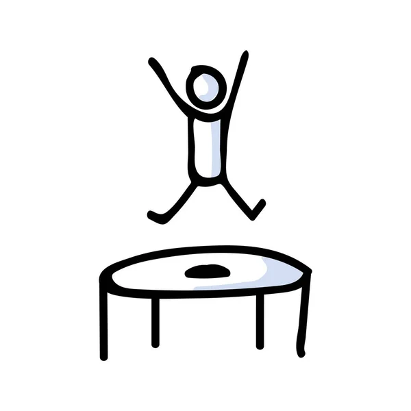 Hand Drawn Stick Figure Jumping on Trampoline. Concept Physical Exercise. Simple Icon Motif for Trapmolining Stickman Pictogram. Energy, Movement, Sport, Gym Bujo Illustration. Vector EPS 10. — ストックベクタ