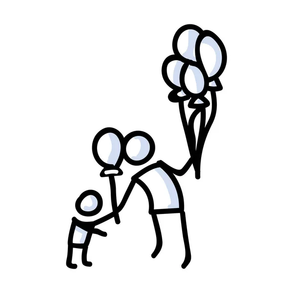Hand Drawn Stick Figure Giving Balloon To Child. Concept of Floating Party Decoration. Simple Icon Motif for Carnival Pictogram. Birthday, Childhood, Amusement Bujo Illustration. Vector EPS 10. — ストックベクタ