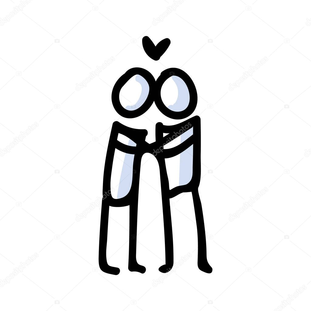 Hand Drawn Romantic Stick Figure Couple Kissing. Concept of Love Relationship. Simple Icon Motif for Dating Pictogram. Heart, Romance, Valentines Day, Anniversary Bujo Illustration. Vector EPS 10. 