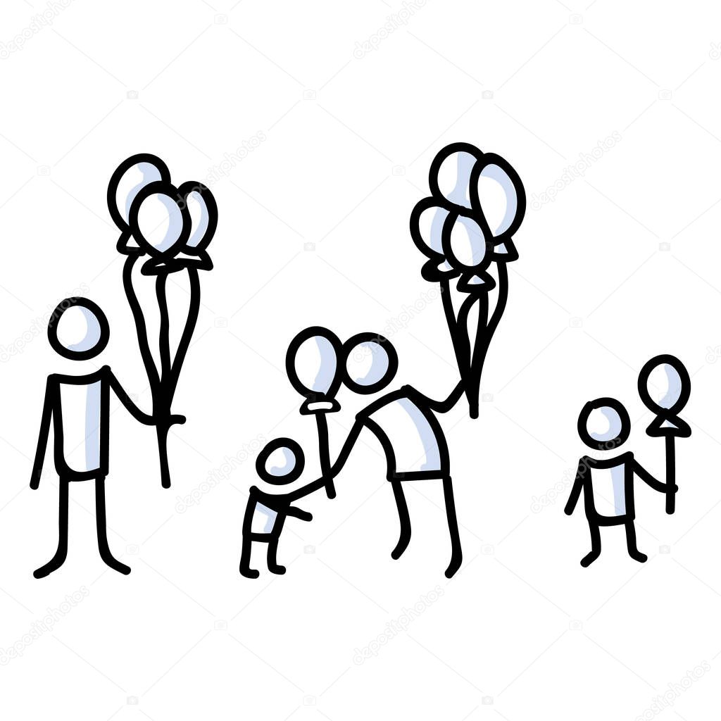 Hand Drawn Stick Figure Child with Balloon. Party Decoration Giving. Simple Icon Motif for Carnival Pictogram. Birthday, Childhood, Amusement Bujo Illustration. Vector EPS 10. 