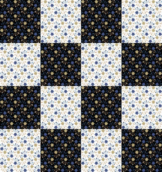 Bleu indigo minuscule pâturage patchwork pâturage motif sans couture. Tissu floral patché style années 70 rétro. Vector ditsy vintage partout imprimer . — Image vectorielle