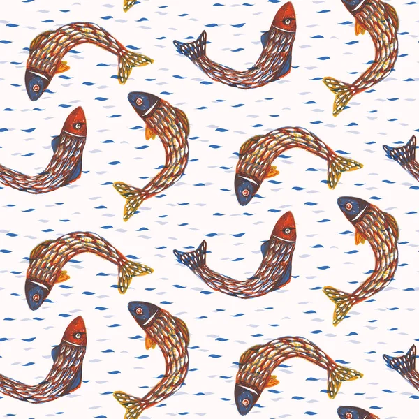 Sardinky Shoal of Fish Seamless Vector Pattern. Malované Plavání Moře Motiv pro Lisabon St Anthony portugalské jídlo Festival. Grafika pro tradiční recept Party, konzervované mořské plody balení. Vektorové Eps10 — Stockový vektor