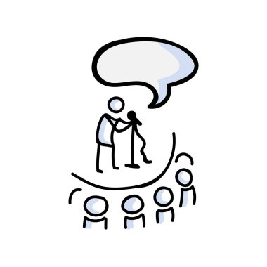 Sahnede El Çizimi Komedi Performansı. Tiyatro Seyircisi Konsepti. Konuşma Bubble Pictogram için Basit Simge Motifi. Ses, Konuşma, Ayağa kalk, Şarkıcı Bujo Illustration. Vektör Eps 10. 