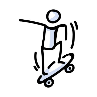 El çizimi çubuk figürü kaykayın üzerinde zıplıyor. Dublör Spor Aktivitesi kavramı. Genç Kaykaycı Numarası için Basit Simge Motifi. Zıpla, Ride, Ramp Bujo Illustration. Vektör Eps 10. 