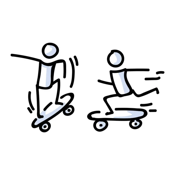 Hand Drawn Two Stick Figure Riders Skateboard Konsep Stunt Sport - Stok Vektor