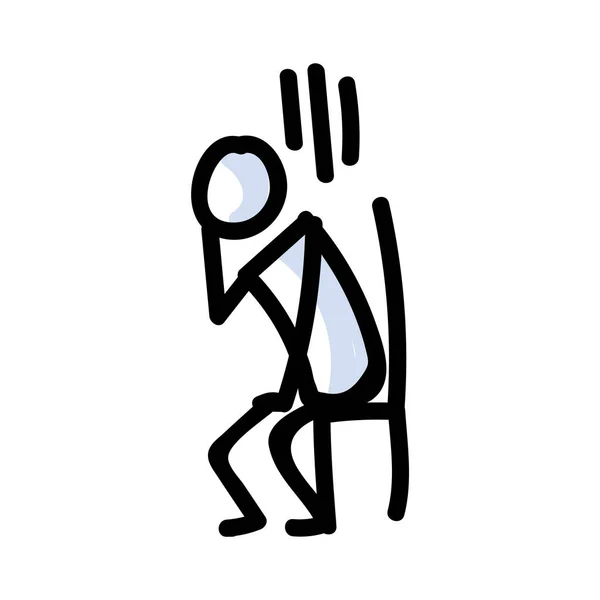 Handritad Sad Stick Figur Sitter Stolen Begreppet Ensam Upprörande Uttryck — Stock vektor