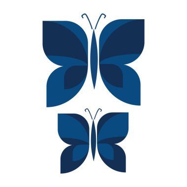 İki Vintage Geometric Butterfly Vector Illustration. 60 'ların Tarz Bahçesi Böcek Motifi. Klasik Koyu Mavi Böcek Vahşi Yaşam Klip Sanatı. Eps 10. 