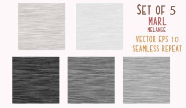 Gray Marl Heather Texture Background. Faux Cotton Fabric with Vertical T Shirt Style. Vector Pattern Design. Grey, Black, White Melange Triblend for Textile Effect. Vector EPS 10 Tile Repeat SET of 5  clipart