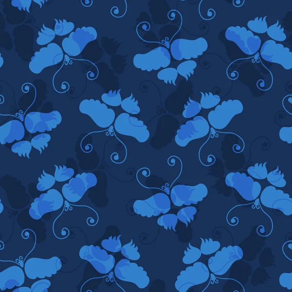 Classic Blue Butterfly Wax Resist Dye Fondo Patrón Sin Costura — Vector de stock