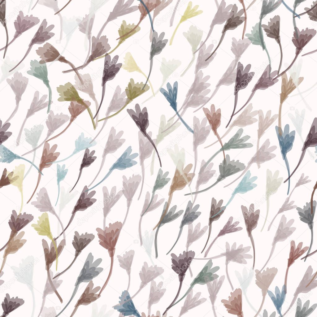 Watercolor Leaf Stem Vector Seamless Pattern. Leaves Blowing in the Wind Hand Painted White Background. Autumn Fall Mood Wildflower Illustration. Faded Variegated Dye Colors. Repeat Tile in EPS 10