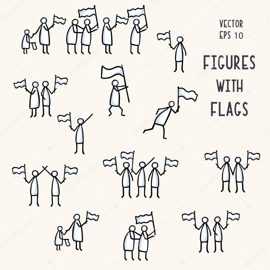 Stick Figure People Set with Waving Flag. Hand Drawn Isolated Human Doodle Icon Motif. Clip Art Element. Black White Flat Color. Encouragement, Support, Helping Hand Concept. Pictogram Vector EPS 10