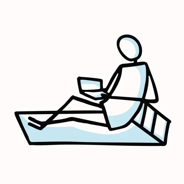 Lectura Stick Figure Persona Sentada Con Libro Cómodo Sofá Elemento — Vector de stock